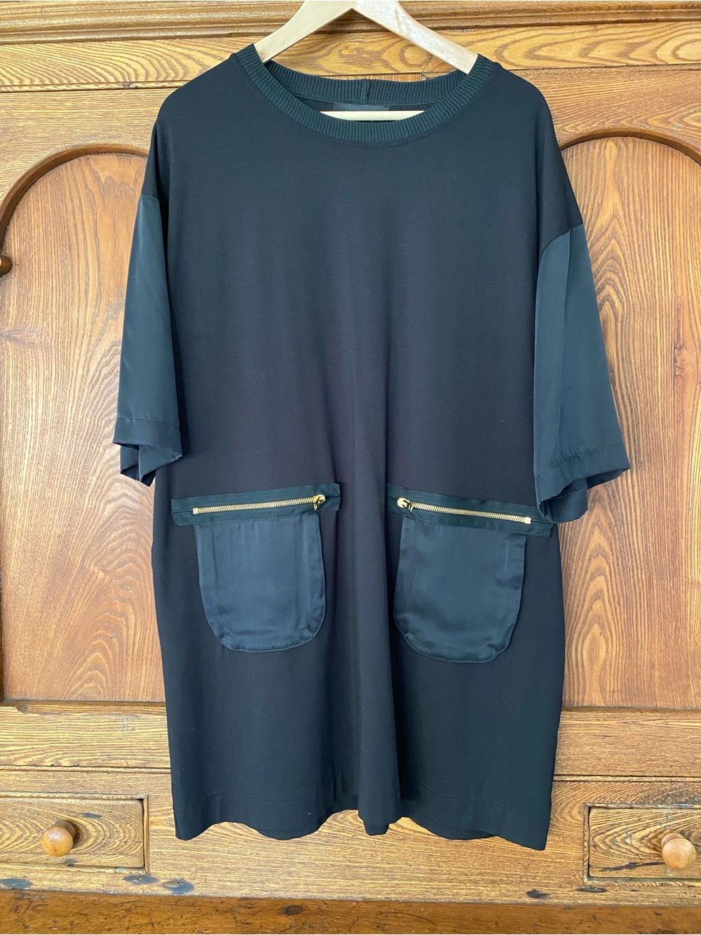 NY 77 Design black tunic top dress zipper pockets 1 oversize S M